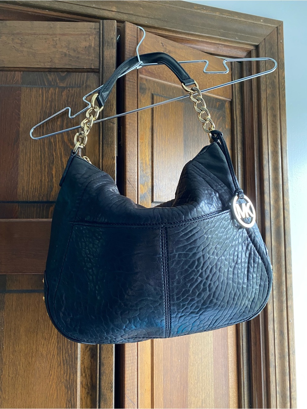 Michael Kors Black Pebbled Leather Hobo with Gold Chain Accent and Gold Grommets
